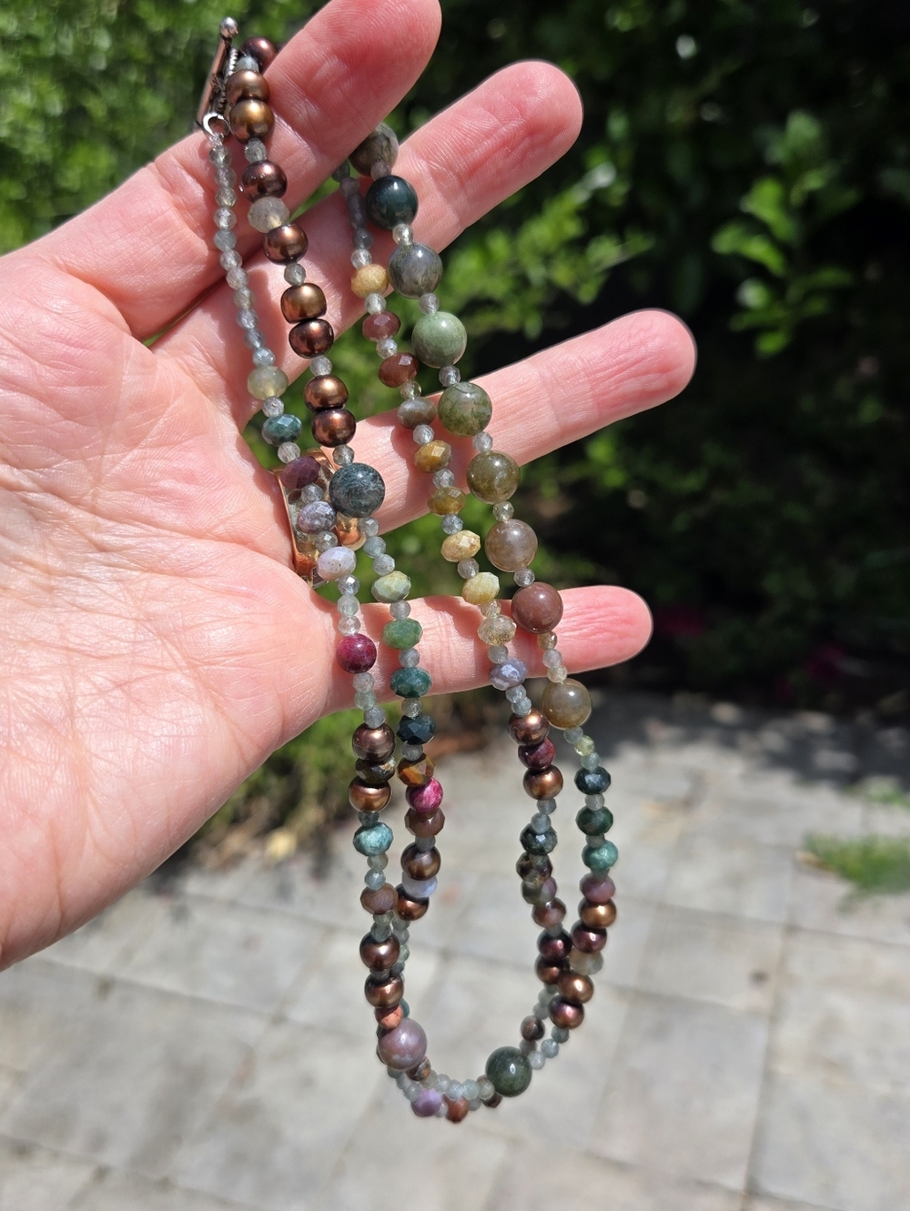 Moss Agate, Agate And Pearl Necklace With Sterling Silver Clasp